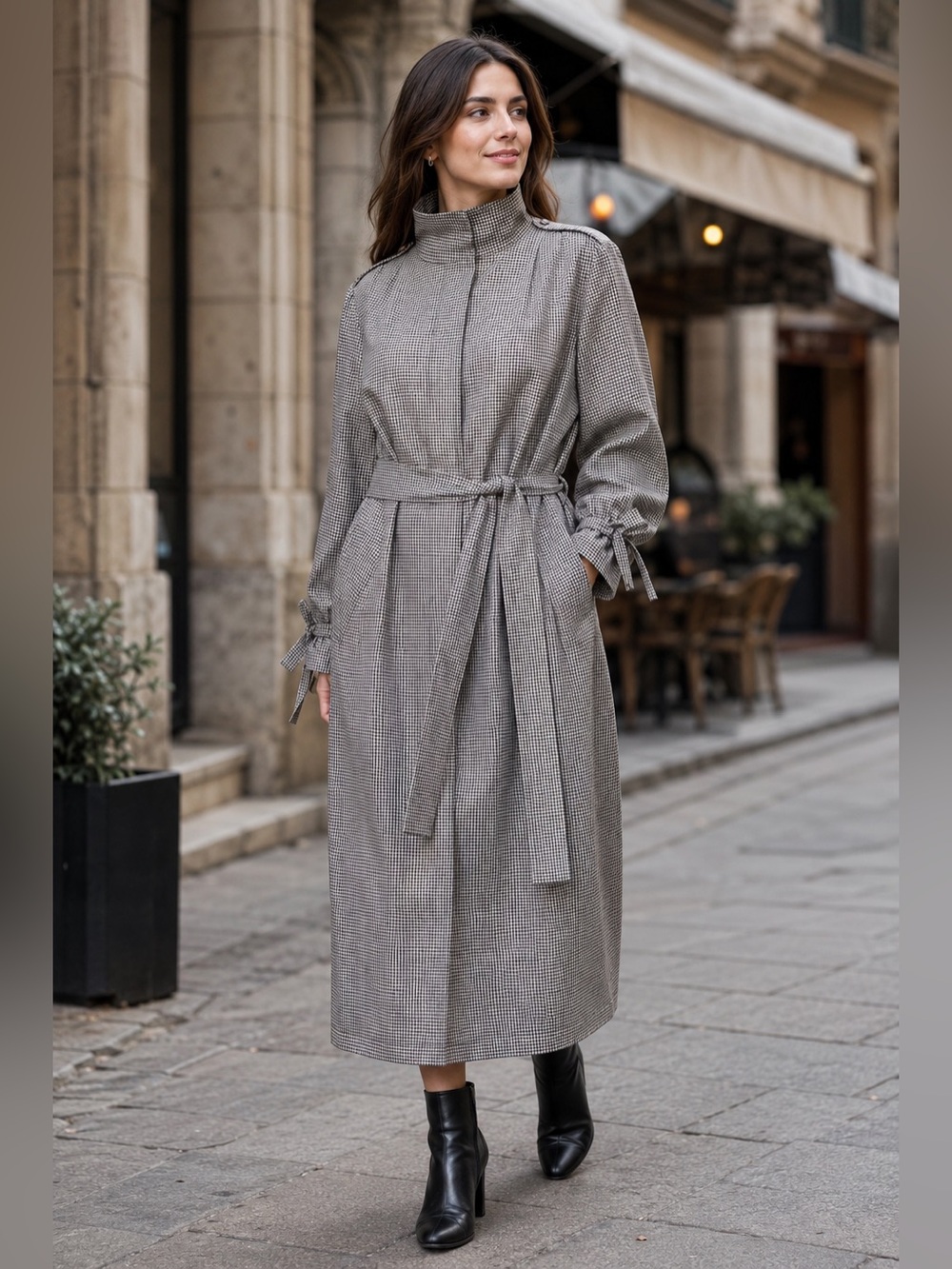 H&M Houndstooth Belted Trench Coat Dress Stand Up Collar - Size 14
